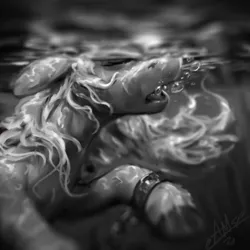 Size: 960x960 | Tagged: semi-grimdark, artist:assasinmonkey, derpibooru import, pony, asphyxiation, black and white, chained, chains, drowning, grayscale, image, monochrome, png, solo, underwater, water