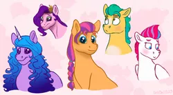 Size: 4272x2350 | Tagged: safe, artist:bellbell123, derpibooru import, hitch trailblazer, izzy moonbow, pipp petals, sunny starscout, zipp storm, earth pony, pegasus, pony, unicorn, my little pony: a new generation, blushing, female, g5, hitchzipp, image, implied shipping, implied straight, male, mane five (g5), mare, png, shipping, simple background, stallion, straight