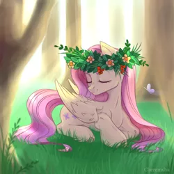 Size: 1024x1024 | Tagged: safe, artist:niia56, derpibooru import, fluttershy, butterfly, insect, pegasus, pony, crepuscular rays, cute, eyes closed, female, floral head wreath, flower, folded wings, grass, head turn, image, lying down, mare, outdoors, png, prone, shyabetes, smiling, solo, three quarter view, tree, unshorn fetlocks, wings