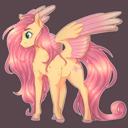 Size: 1024x1024 | Tagged: safe, artist:snowolive, derpibooru import, fluttershy, pegasus, pony, brown background, colored hooves, colored wings, cutie mark, female, image, long mane, long tail, mare, png, simple background, solo, spread wings, tail, wings