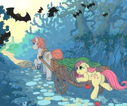 Size: 1280x1067 | Tagged: safe, artist:myr2a, derpibooru import, fluttershy, oc, bat, earth pony, pegasus, pony, apple, butt, cart, coat markings, cobblestone street, cutie mark, dappled, duo, female, flutterbutt, food, forest, hiding, horseshoes, image, male, mare, plot, png, road, scenery, stallion, town, tree