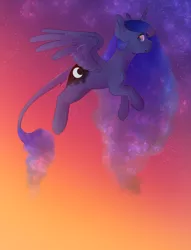 Size: 1024x1340 | Tagged: safe, artist:snowolive, derpibooru import, princess luna, alicorn, pony, cutie mark, ethereal mane, female, flying, image, leonine tail, looking at you, mare, missing accessory, png, smiling, solo, starry mane, stars, tail, twilight (astronomy)