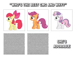 Size: 640x480 | Tagged: safe, derpibooru import, apple bloom, scootaloo, sweetie belle, earth pony, pegasus, pony, unicorn, apple bloom's bow, bow, caption, cutie mark, cutie mark crusaders, female, filly, hair bow, image, image macro, meme, png, shitposting, text, the cmc's cutie marks, wall of text