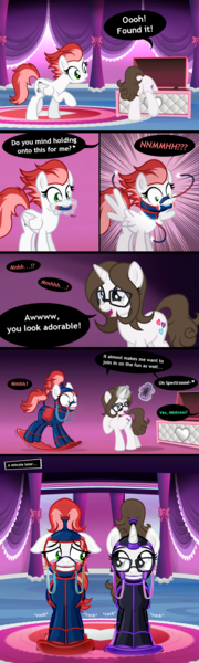 Size: 1280x4264 | Tagged: questionable, artist:nxzc88, derpibooru import, oc, oc:pyrisa miracles, oc:swift apex, unofficial characters only, pegasus, pony, unicorn, bit gag, blushing, bondage, chest, comic, dialogue, duo, duo female, female, females only, floppy ears, folded wings, forced smile, gag, glasses, harness, high res, horn, image, living object, magic, mare, muffled words, pegasus oc, png, rocking horse, rocking horse bondage, smiling, spread wings, tack, unicorn oc, wings