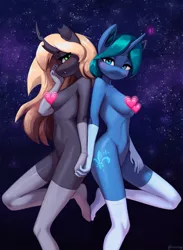 Size: 2000x2726 | Tagged: suggestive, artist:mrscroup, derpibooru import, oc, oc:arclight, oc:recina, unofficial characters only, anthro, changeling, unicorn, anthro oc, blushing, censored, censored breasts, changeling oc, clothes, duo, duo female, ear fluff, evening gloves, female, females only, gloves, high res, holding hands, horn, image, jpeg, long gloves, socks, stockings, thigh highs, unicorn oc