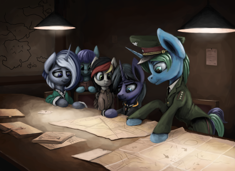Size: 1215x885 | Tagged: safe, artist:ryanmangaming, derpibooru import, oc, oc:anja snow, oc:arcane gear, oc:arclight, oc:river swirl, unofficial characters only, unicorn, equestria at war mod, clothes, hat, image, map, map of equestria, officer, peaked cap, png, uniform, uniform hat