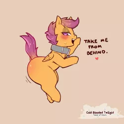 Size: 1200x1200 | Tagged: suggestive, artist:cold-blooded-twilight, derpibooru import, scootaloo, pegasus, blushing, butt, butt blush, collar, dialogue, dock, eyeshadow, female, femsub, foalcon, heart, image, implied foalcon, makeup, name tag, open mouth, open smile, png, raised hoof, raised tail, scootabutt, scootasub, slave, smiling, submissive, tail, the ass was fat, underage, wide hips