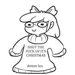 Size: 3300x3300 | Tagged: safe, artist:tjpones, derpibooru import, apple bloom, human, black and white, bottom text, christmas, clothes, female, freckles, grayscale, holiday, humanized, image, lineart, looking at you, monochrome, oversized clothes, png, simple background, smiling, smiling at you, solo, sweater, vulgar, white background