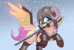 Size: 3400x2302 | Tagged: safe, artist:xbi, derpibooru import, fluttershy, pegasus, pony, 30 minute art challenge finished after, armor, clothes, dovahkiin, dovahshy, female, helmet, image, jpeg, mare, mouth hold, snow, solo, sword, weapon