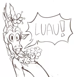 Size: 640x640 | Tagged: safe, artist:lesbianditzydoo, derpibooru import, part of a set, discord, draconequus, to where and back again, discord being discord, drawing, exclamation point, flower, flower necklace, grayscale, image, luau, monochrome, movie reference, png, sketch, solo, the lion king