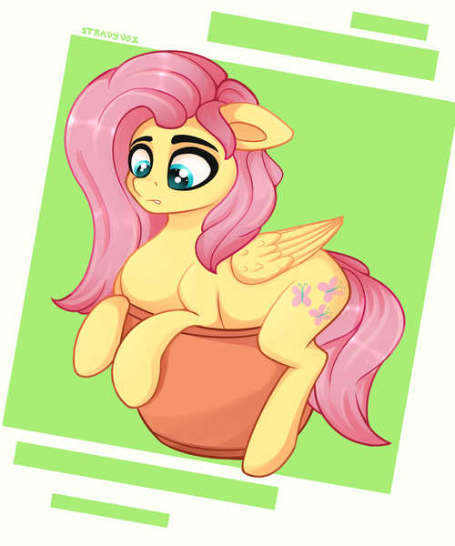 Size: 2500x3000 | Tagged: safe, artist:stravyvox, derpibooru import, fluttershy, pegasus, pony, confluttershy, confused, cute, female, flower pot, image, mare, png, solo, wings