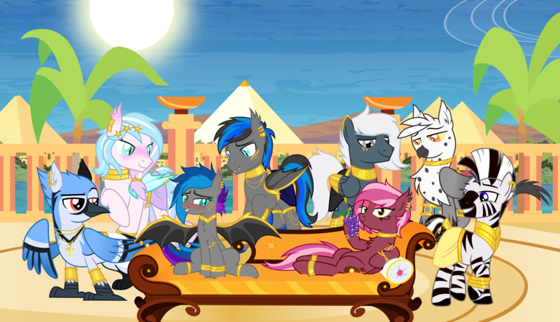 Size: 5250x3019 | Tagged: safe, artist:bnau, derpibooru import, oc, oc:astralis, oc:gallagher, oc:lyssa, oc:snowy knight, oc:tempest streamrider, oc:zeny, oc:zephyr, unofficial characters only, bat pony, gryphon, pegasus, pony, zebra, absurd resolution, ankh, anklet, armband, armlet, armor, blushing, bracelet, bracer, chest fluff, choker, clothes, collar, couch, cuffs, derpibooru exclusive, desert, ear fluff, ear piercing, earring, egyptian, eye of horus, face paint, fangs, female, food, freckles, gold, grapes, greaves, group picture, hair accessory, heterochromia, hoof hold, hooped earrings, image, jewelry, jewelry only, leg bracelet, leonine tail, loincloth, looking at you, lying down, male, mare, meme, necklace, oasis, palm tree, peytral, piercing, piper perri surrounded, png, pyramid, ring, show accurate, shy, spread wings, stallion, standing, sun, surrounded, tail, tail jewelry, tail ring, tail wrap, tree, wall of tags, wing armor, wing jewelry, wing piercing, wings