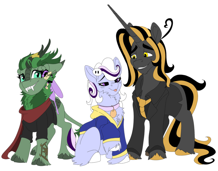 Size: 3208x2512 | Tagged: safe, artist:brainiac, derpibooru import, oc, oc:knick knack, oc:shotglass, oc:silent spring, oc:whiskey lullaby, breezie, cat, cat pony, kirin, original species, pony, unicorn, derpibooru community collaboration, 2022 community collab, clothes, collar, cute, female, image, male, mare, pathfinder, png, stallion