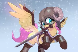 Size: 3400x2302 | Tagged: safe, artist:xbi, derpibooru import, fluttershy, pegasus, pony, 30 minute art challenge finished after, armor, clothes, dovahkiin, dovahshy, female, helmet, horned helmet, image, jpeg, mare, mouth hold, snow, solo, sword, weapon, wing armor, wings