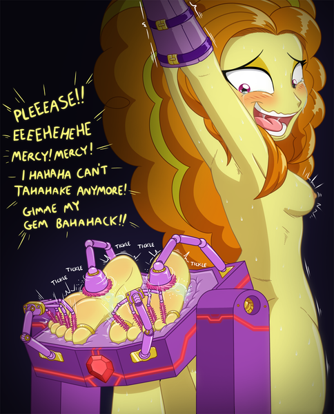 Size: 1046x1298 | Tagged: questionable, artist:caroo, derpibooru import, adagio dazzle, equestria girls, armbinder, begging, blushing, bondage, breasts, crying, feet, female, foot focus, gem, image, laughing, looking back, nipples, nudity, open mouth, png, sideboob, siren gem, soles, solo, solo female, strappado, subdagio, sweat, tears of laughter, tickle torture, tickling, tickling machine, toe tied, toes