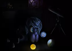 Size: 4960x3508 | Tagged: safe, artist:dr-fade, derpibooru import, princess luna, alicorn, pony, bedroom, dark, female, filly, glow, glowing horn, horn, image, magic, moon, night, planet, plushie, png, solo, sun, teddy bear, telekinesis, telescope, window, woona, younger