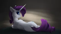 Size: 3840x2160 | Tagged: safe, artist:tenebrisnoctus, derpibooru import, rarity, pony, unicorn, butt, female, high res, image, looking at you, looking back, looking back at you, lying down, mare, plot, png, rear view, rearity, side, solo