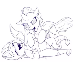 Size: 3000x2500 | Tagged: safe, artist:chaoskomori, derpibooru import, ocellus, smolder, changedling, changeling, dragon, commission, dragoness, duo, duo female, female, high res, image, jpeg, laughing, lying down, monochrome, on back, tickle fight, tickling