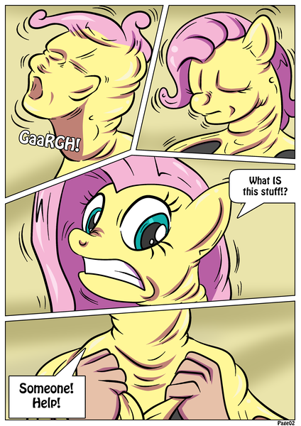 Size: 2480x3507 | Tagged: safe, artist:rex-equinox, derpibooru import, fluttershy, goo, goo pony, human, latex pony, original species, pony, comic:goop attack, bondage, comic, encasement, gritted teeth, human to pony, image, latex, living latex, male to female, png, rule 63, transformation, transformation sequence, transgender transformation