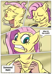 Size: 2480x3507 | Tagged: safe, artist:rex-equinox, derpibooru import, fluttershy, goo, goo pony, human, latex pony, original species, pony, comic:goop attack, bondage, comic, encasement, gritted teeth, human to pony, image, latex, living latex, male to female, png, rule 63, transformation, transformation sequence, transgender transformation