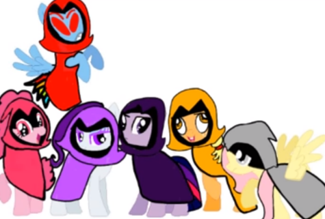 Size: 475x321 | Tagged: safe, derpibooru import, applejack, fluttershy, pinkie pie, rainbow dash, rarity, twilight sparkle, earth pony, pegasus, pony, unicorn, 1000 hours in ms paint, cloak, clothes, colors of raven, image, png, raven (teen titans), teen titans go, unicorn twilight, voice actor joke