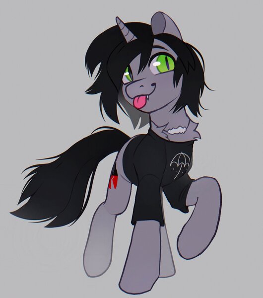 Size: 1317x1491 | Tagged: safe, artist:draw3, derpibooru import, oc, ponified, ponified:kellin quinn, pony, unicorn, clothes, commission, disguise, disguised siren, fangs, gray background, happy, horn, image, jewelry, jpeg, male, necklace, raised hoof, shirt, simple background, sleeping with sirens, slit pupils, solo, t-shirt, tongue out