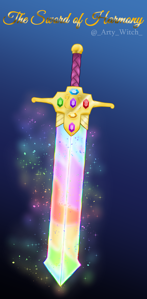 Size: 983x2000 | Tagged: safe, artist:artywitch, derpibooru import, alternate universe, element of generosity, element of honesty, element of kindness, element of laughter, element of loyalty, element of magic, elements of harmony, gem, glow, image, inanimate object, magic, png, sword, weapon