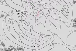 Size: 3000x2000 | Tagged: safe, artist:enonnnymous, derpibooru import, princess celestia, oc, oc:anon, alicorn, pony, /sun/, art trade, belly button, blushing, cloud gazing, flower, image, lineart, lying down, magic, monochrome, png, smiling, spread wings, wings