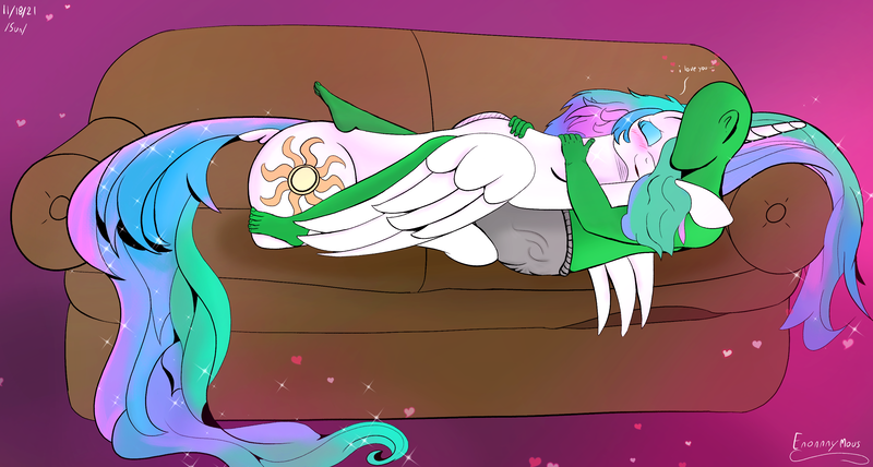 Size: 3000x1605 | Tagged: safe, artist:enonnnymous, derpibooru import, princess celestia, oc, oc:anon, alicorn, human, pony, /sun/, couch, cuddling, dock, eyes closed, hug, human on pony snuggling, i love you, image, love, lying down, png, smiling, snuggling, tail