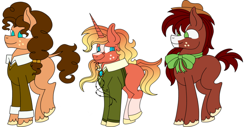 Size: 3197x1675 | Tagged: safe, artist:musical-medic, derpibooru import, oc, unofficial characters only, earth pony, pony, unicorn, bowtie, clothes, coat markings, earth pony oc, freckles, glasses, half-siblings, hat, horn, image, magical gay spawn, offspring, parent:big macintosh, parent:cheese sandwich, parent:sunburst, parents:mac n cheese, parents:macburst, parents:troublemac, png, simple background, socks (coat marking), sweater, transparent background, trio, unicorn oc