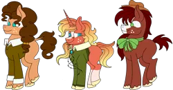 Size: 3197x1675 | Tagged: safe, artist:musical-medic, derpibooru import, oc, unofficial characters only, earth pony, pony, unicorn, bowtie, clothes, coat markings, earth pony oc, freckles, glasses, half-siblings, hat, horn, image, magical gay spawn, offspring, parent:big macintosh, parent:cheese sandwich, parent:sunburst, parents:mac n cheese, parents:macburst, parents:troublemac, png, simple background, socks (coat marking), sweater, transparent background, trio, unicorn oc