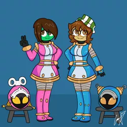 Size: 2000x2000 | Tagged: safe, artist:soropin, derpibooru import, oc, oc:ferb fletcher, oc:frost d. tart, unofficial characters only, android, robot, equestria girls, aoi-02, clothes, costume, crossdressing, image, mai-dolls, mask, masks, momo-01, peace sign, png, solo