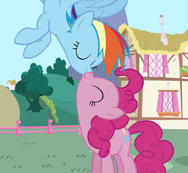 Size: 1280x1177 | Tagged: safe, artist:queenderpyturtle, derpibooru import, edit, edited screencap, screencap, pinkie pie, rainbow dash, earth pony, pegasus, pony, eyes closed, female, image, jpeg, kissing, lesbian, pinkiedash, shipping