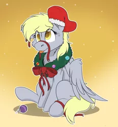 Size: 1908x2056 | Tagged: safe, artist:rokosmith26, derpibooru import, derpy hooves, pegasus, pony, bow, cheek fluff, christmas, christmas stocking, christmas wreath, commission, female, floppy ears, holiday, image, looking up, mare, one ear down, pegasus wings, png, raised hoof, ribbon, simple background, sitting, smiling, solo, spread wings, tongue out, wings, wreath, ych result
