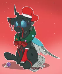 Size: 1804x2136 | Tagged: safe, artist:rokosmith26, derpibooru import, oc, oc:tarsi, unofficial characters only, changeling, pony, bow, changeling horn, changeling oc, changeling wings, christmas, christmas stocking, christmas wreath, clothes, commission, floppy ears, glasses, holiday, horn, image, leggings, looking up, male, one ear down, png, raised hoof, ribbon, simple background, sitting, smiling, solo, spread wings, stallion, tail, tongue out, tooth, wings, wreath, ych result