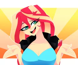 Size: 1653x1381 | Tagged: safe, artist:xan-gelx, derpibooru import, sunset shimmer, equestria girls, big breasts, breasts, busty sunset shimmer, cleavage, clothes, eye clipping through hair, eyebrows, eyebrows visible through hair, eyelashes, female, green eyes, image, jacket, jpeg, looking at you, open mouth, smiling, smiling at you, solo, teeth