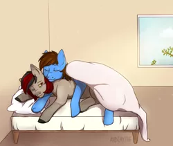 Size: 4950x4180 | Tagged: safe, artist:axidemythe, derpibooru import, oc, bat pony, pegasus, pony, bed, bedroom, commission, couple, cuddling, image, morning, png, romantic, sketch, sleeping, ych result