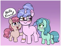 Size: 1856x1396 | Tagged: safe, artist:heretichesh, derpibooru import, oc, oc:steamy, unofficial characters only, earth pony, pony, unicorn, blushing, bracelet, female, filfil, filly, glasses, gradient background, heterochromia, image, jewelry, jpeg, looking at each other, looking at someone, open mouth, open smile, ponytail, smiling, tooth gap, trio