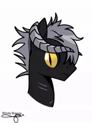 Size: 768x1024 | Tagged: safe, artist:windy breeze, derpibooru import, oc, oc:tenebrae moonfallen, unofficial characters only, bicorn, pony, bust, horn, image, jpeg, male, multiple horns, scar, shading, signature, simple background, slit pupils, solo, stallion