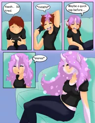 Size: 989x1280 | Tagged: safe, artist:lilithrose, derpibooru import, princess celestia, anthro, human, comic:sun and moon, comic, human to anthro, image, jpeg, male to female, pink-mane celestia, rule 63, sleeping, transformation, transformation sequence, transgender transformation