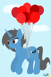 Size: 1376x2065 | Tagged: safe, artist:samsailz, derpibooru import, pinkie pie, oc, unicorn, balloon, commission, floating, fly away, image, lineless, no iris, png, solo, then watch her balloons lift her up to the sky, ych example, ych result, your character here