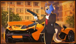 Size: 3280x1920 | Tagged: safe, artist:parabellumpony, derpibooru import, oc, oc:parabellum blueberry, unofficial characters only, anthro, unicorn, anaglyph 3d, car, clothes, detailed background, image, mclaren, png, solo, wallpaper, weapon