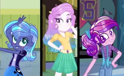 Size: 1284x788 | Tagged: safe, artist:just-silvushka, derpibooru import, princess cadance, princess celestia, princess luna, equestria girls, base used, clothes, equestria girls-ified, female, image, overalls, png, smiling, young cadance, young celestia, young luna