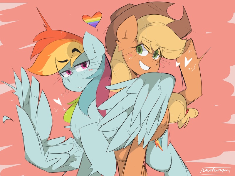 Size: 2048x1536 | Tagged: safe, artist:darkdoubloon, derpibooru import, applejack, rainbow dash, earth pony, pegasus, pony, appledash, applejack's hat, blushing, cowboy hat, eyebrows, eyebrows visible through hair, female, hat, heart, image, jpeg, lesbian, looking at you, mare, pride, pride flag, shipping, stetson