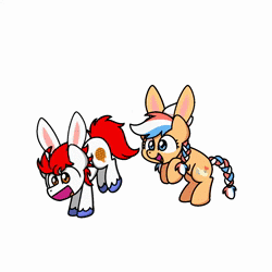 Size: 1200x1200 | Tagged: safe, artist:sugar morning, derpibooru import, oc, oc:ember, oc:ember (hwcon), oc:stroopwafeltje, oc:waffles, unofficial characters only, earth pony, pony, unicorn, animated, braided tail, bunny ears, cute, earth pony oc, frame by frame, hearth's warming con, horn, image, midair, netherlands, ocbetes, ponycon holland, sugar morning's jumping ponies, tail, unicorn oc, webm
