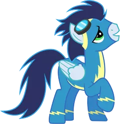 Size: 3000x3035 | Tagged: safe, artist:cloudyglow, derpibooru import, soarin', pegasus, pony, the best night ever, clothes, folded wings, goggles, green eyes, high res, image, lidded eyes, male, png, raised hoof, simple background, solo, stallion, tail, transparent background, uniform, vector, wings, wonderbolts uniform
