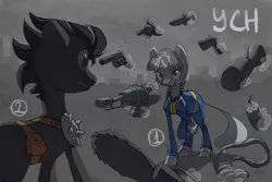 Size: 1600x1067 | Tagged: safe, artist:yarugreat, derpibooru import, oc, earth pony, pony, unicorn, fallout equestria, chainsaw, commission, dynamite, explosives, gun, image, jpeg, magic, rope, telekinesis, weapon, ych sketch, your character here