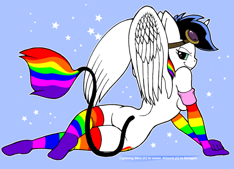 Size: 800x579 | Tagged: suggestive, derpibooru import, edit, oc, oc:lightning bliss, unofficial characters only, alicorn, anthro, clothes, image, lewd analyst, png, rainbow socks, saucy bronies, sexy lightning bliss, socks, solo, striped socks