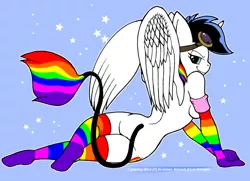 Size: 800x579 | Tagged: suggestive, derpibooru import, edit, oc, oc:lightning bliss, unofficial characters only, alicorn, anthro, clothes, image, lewd analyst, png, rainbow socks, saucy bronies, sexy lightning bliss, socks, solo, striped socks