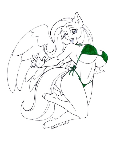 Size: 640x800 | Tagged: suggestive, artist:brother-tico, derpibooru import, fluttershy, anthro, pegasus, unguligrade anthro, bikini, breasts, busty fluttershy, clothes, image, jpeg, simple background, sketch, smiling, swimsuit